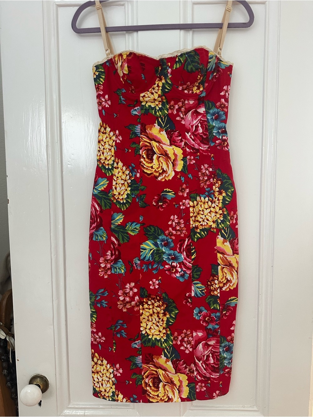 Dolce & Gabbana 2003 Floral Red Bustier Corset Midi Dress